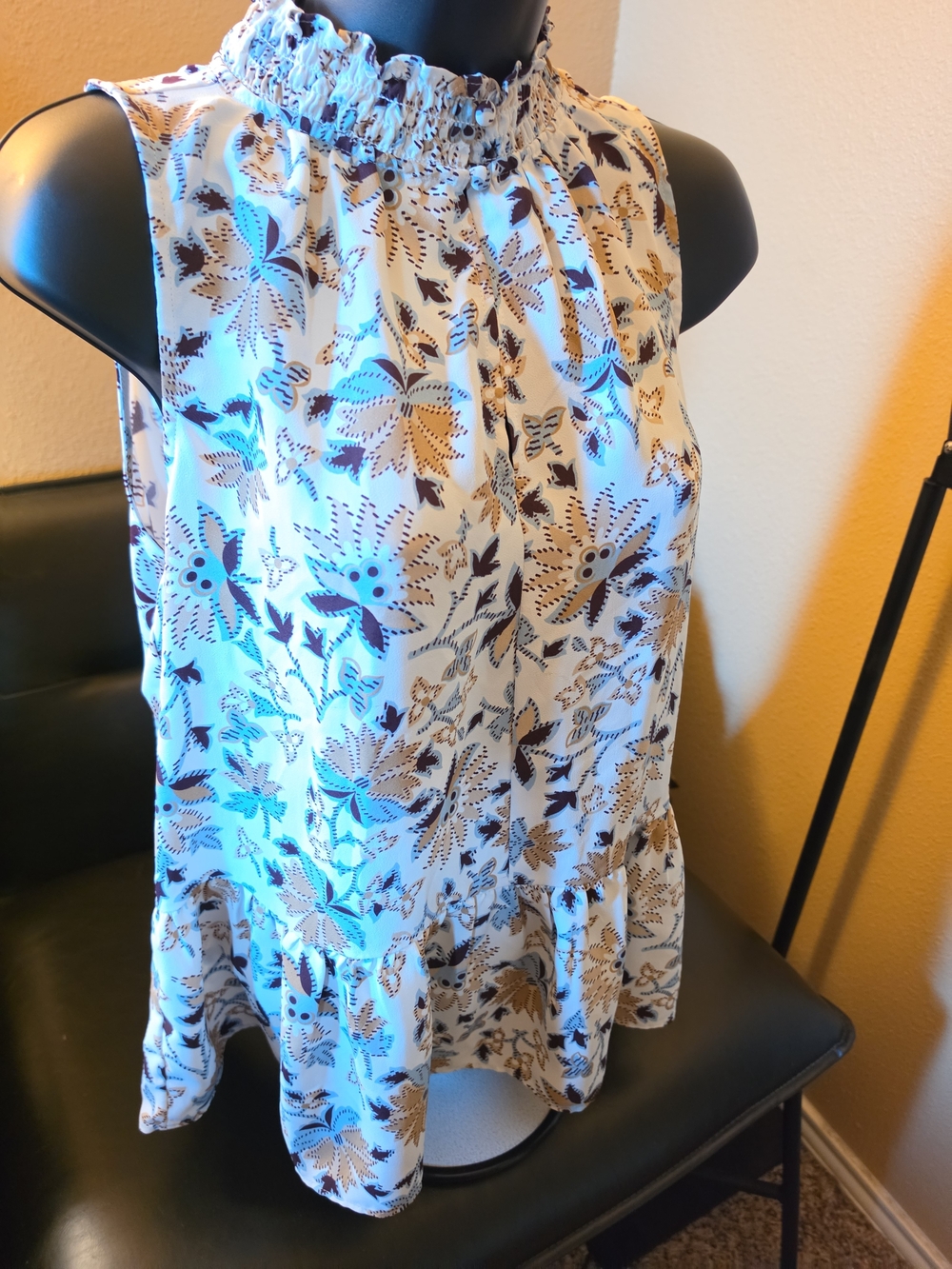 Smocked Neck Sleeveless Floral Blouse - White with Brown & Navy Print By Ann Tay